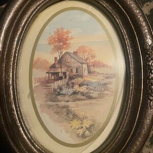 Vintage Oval Framed Cottage Art